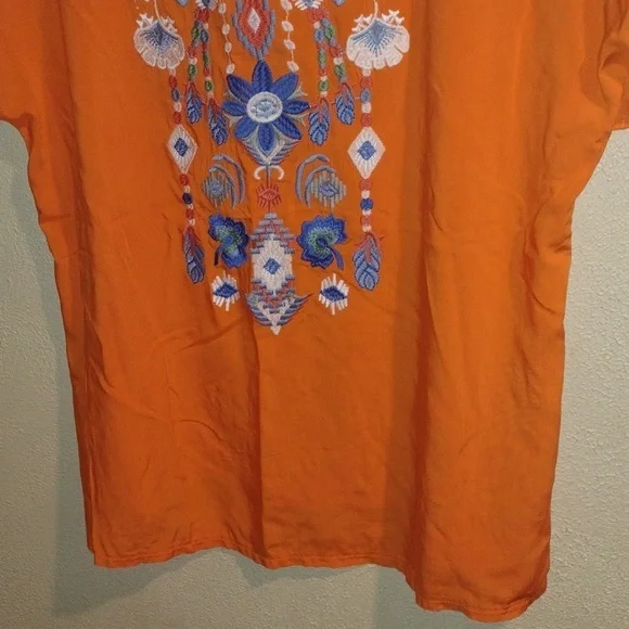 Solitaire Orange Boxy Embroidered Short Sleeve Blouse Top Boho Floral L - Picture 3 of 6